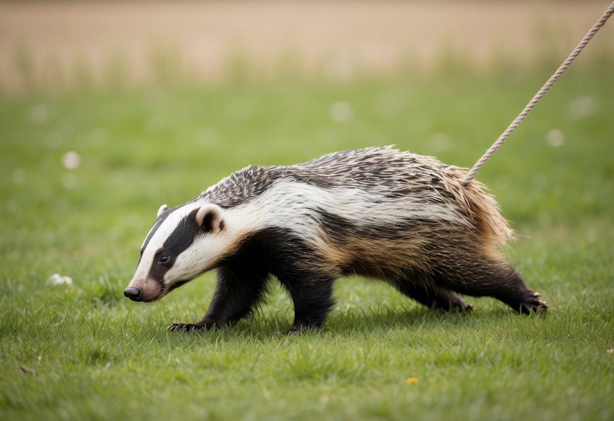 A dead badger being dragged by a rope across a grassy field