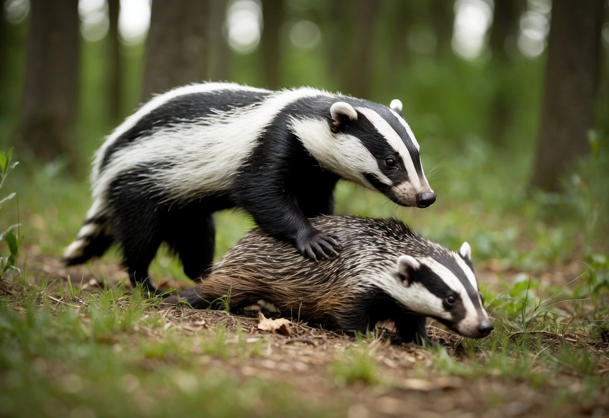 A badger dragging a dead badger through the forest