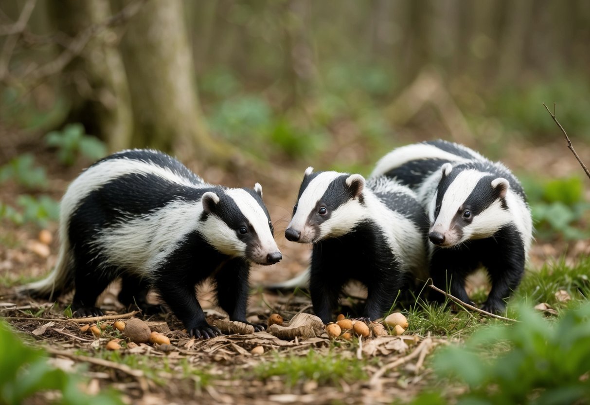A group of badgers peacefully foraging in their natural woodland habitat, undisturbed by any human presence