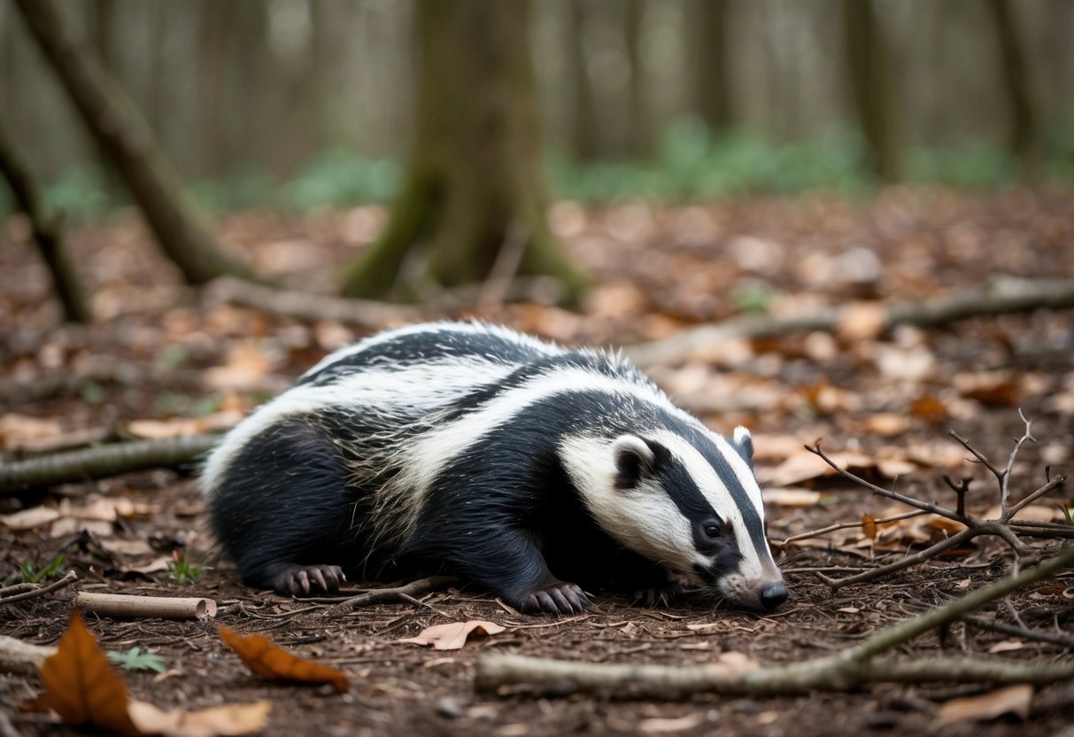 A dead badger lies on the ground in a forest clearing, surrounded by fallen leaves and twigs. The badger's body is still and its fur is matted