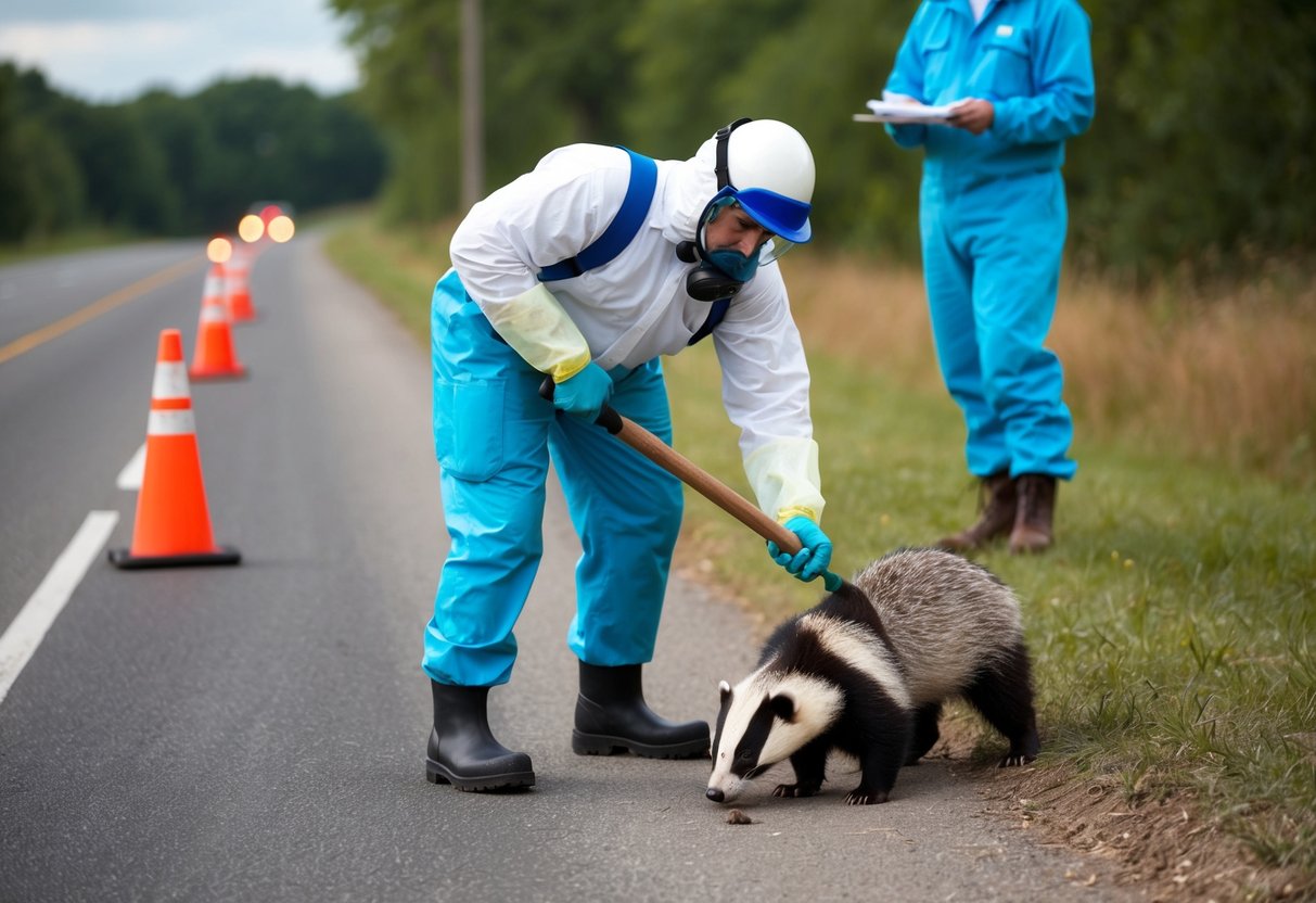 A person in protective gear uses a shovel to carefully move a dead badger from a roadside, while another person observes and takes notes