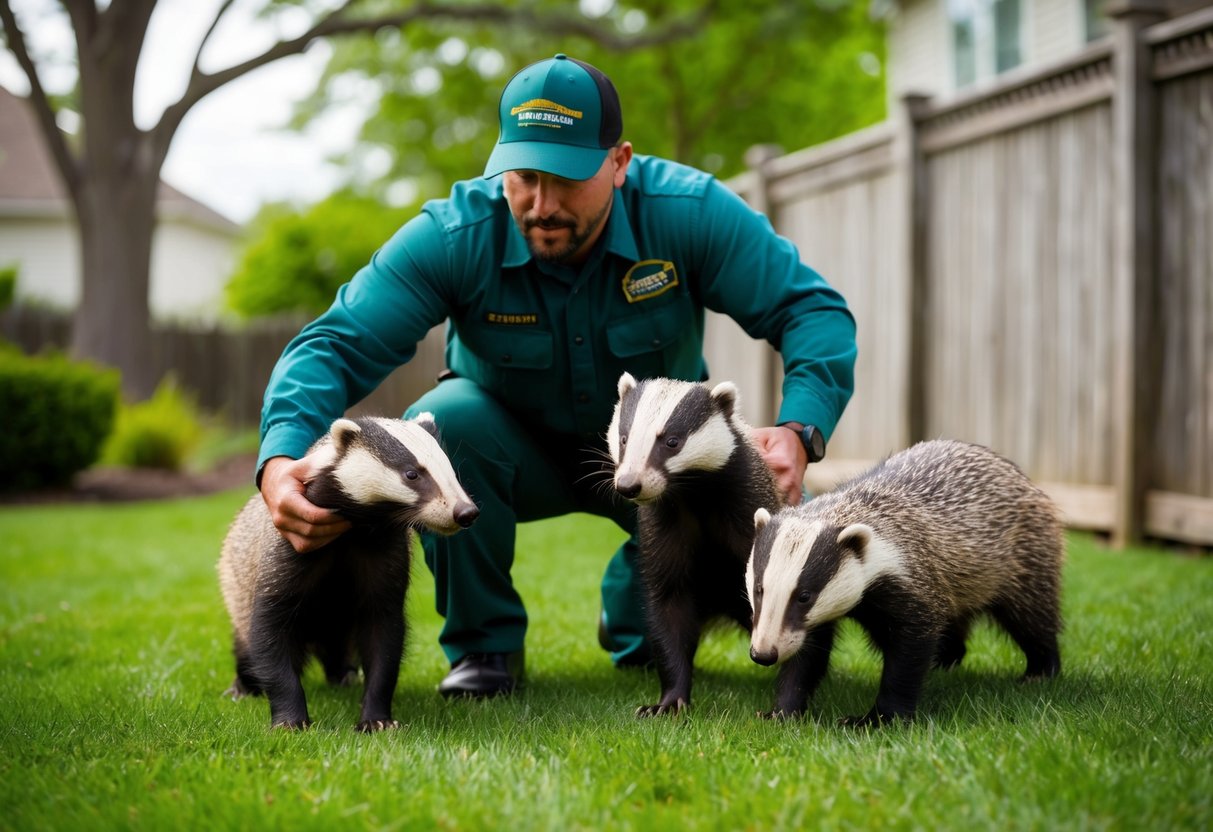 A wildlife removal specialist capturing badgers from a suburban backyard
