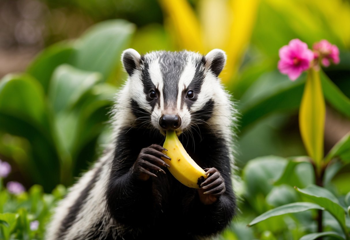 A badger munches on a ripe banana in a lush garden