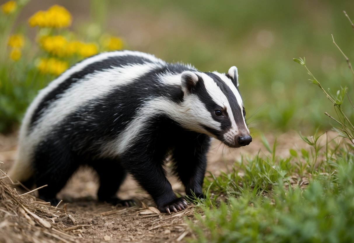 A badger emerges from its burrow, sniffing the air before disappearing into the underbrush