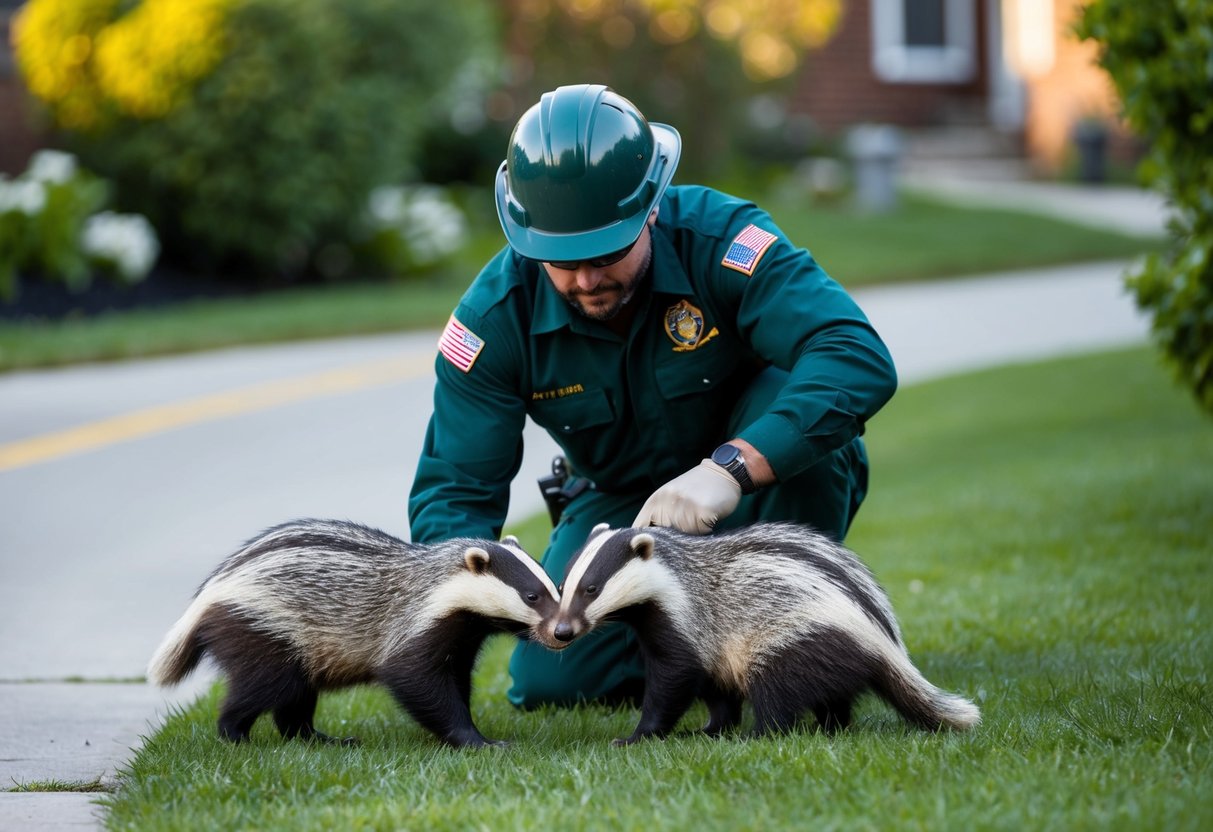 A wildlife removal specialist safely relocates badgers from a residential area, following legal guidelines