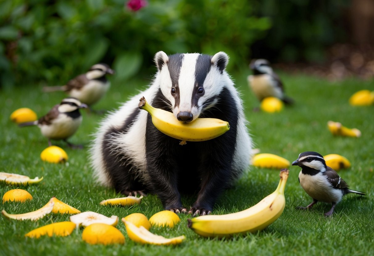 A badger sits in a garden, munching on a banana, surrounded by scattered fruit peels and a few curious birds