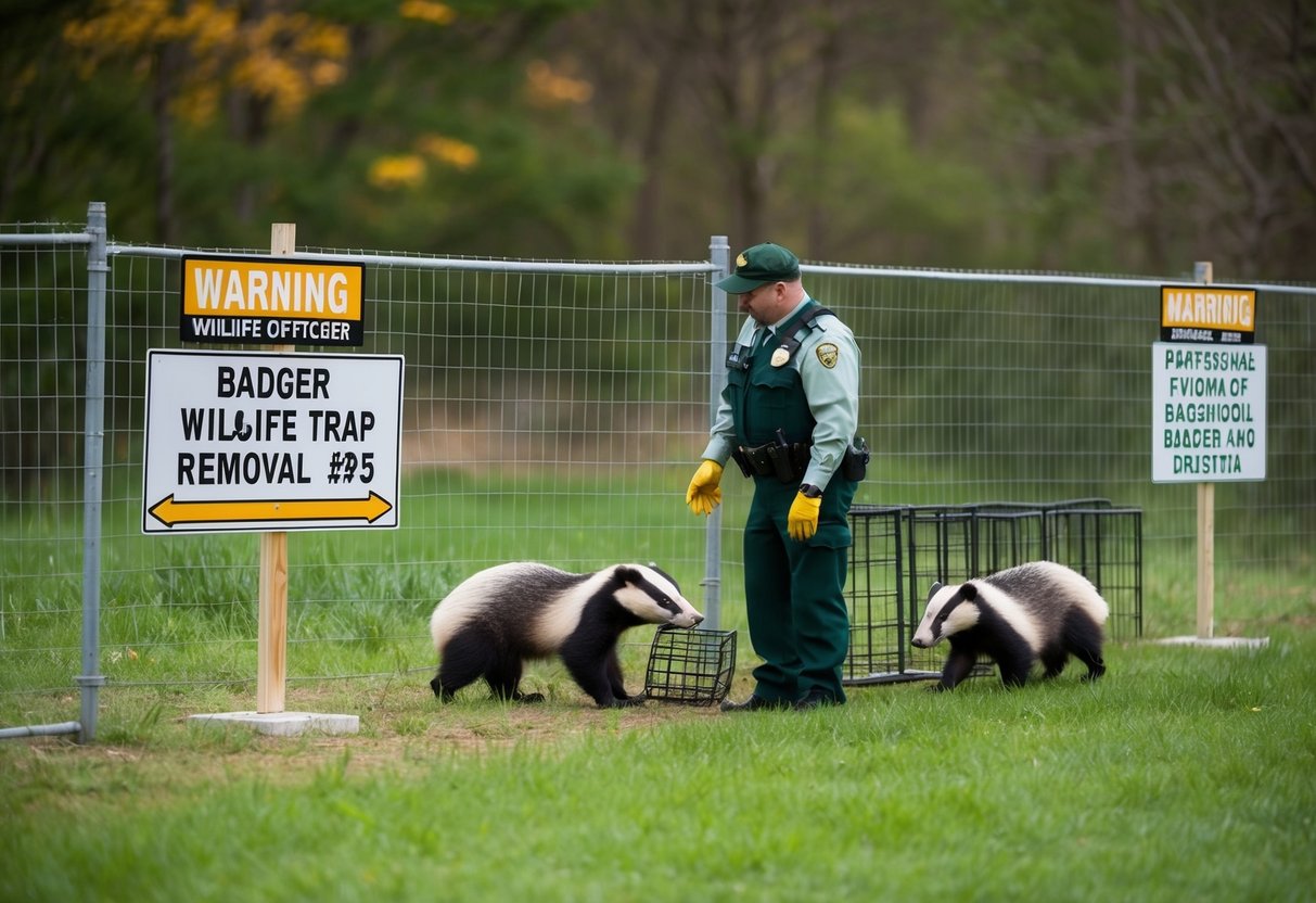 A fenced-off area with signs warning of badger removal, a wildlife officer setting up traps, and badgers foraging nearby