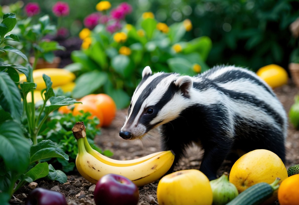 A badger sniffs a banana in a garden, surrounded by various fruits and vegetables