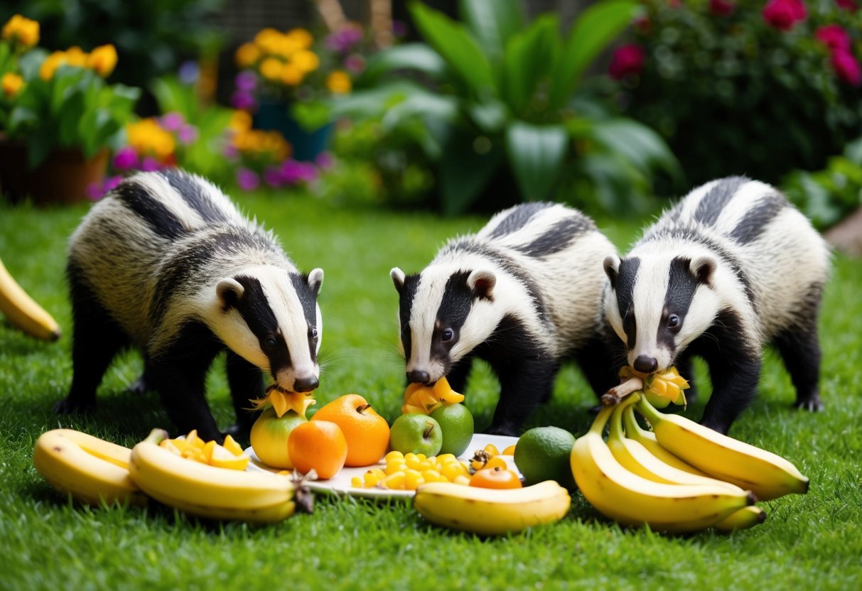 A group of badgers feast on a variety of fruits and vegetables, including bananas, in a lush garden setting