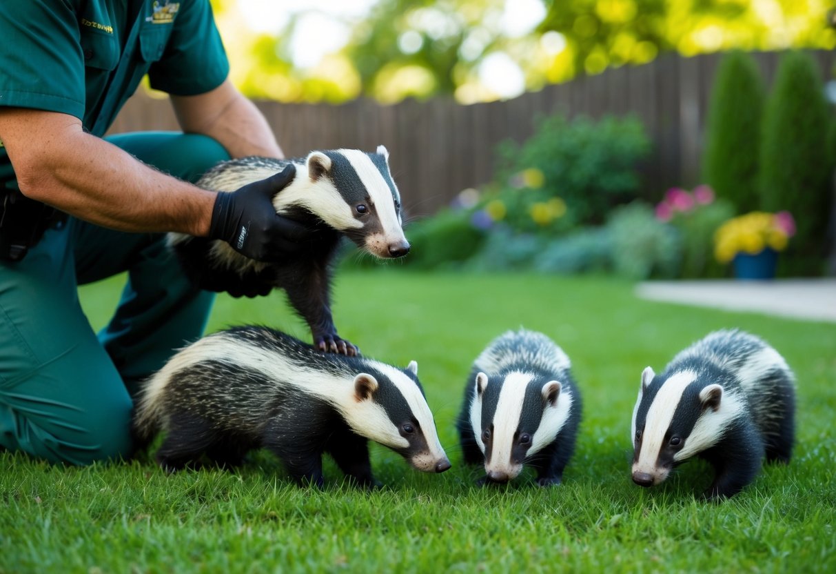 A wildlife removal specialist carefully traps and relocates a family of badgers from a suburban backyard