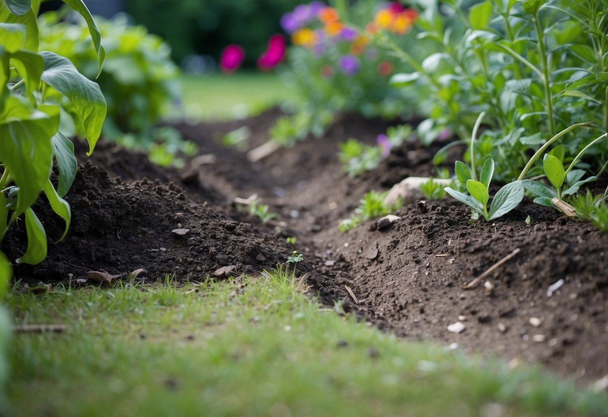 A garden with overturned soil, scattered debris, and shallow burrows near the edges. Fresh tracks and scat are visible among the plants