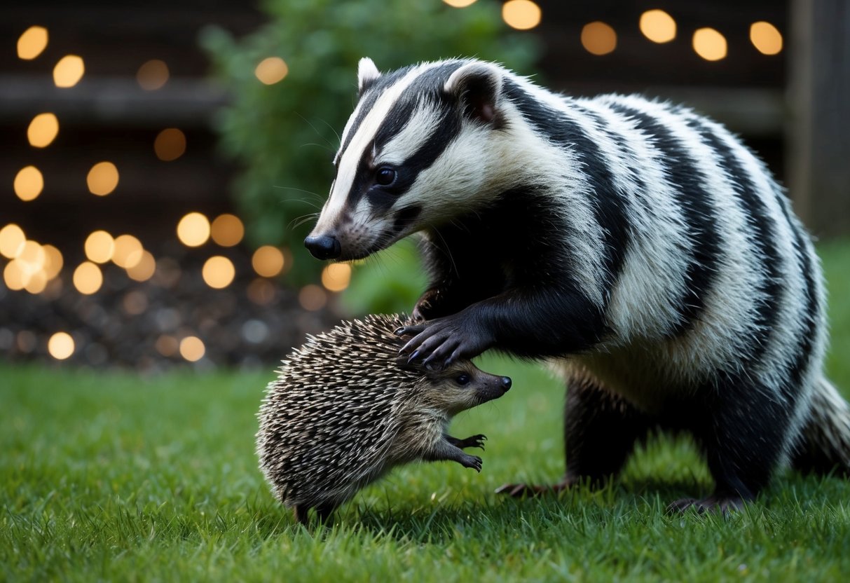 A badger snatches a hedgehog from the garden at night