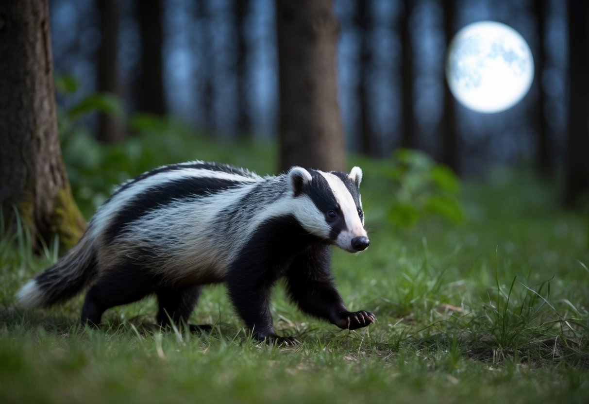 A badger roams through a moonlit forest, its fur blending with the darkness as it searches for food
