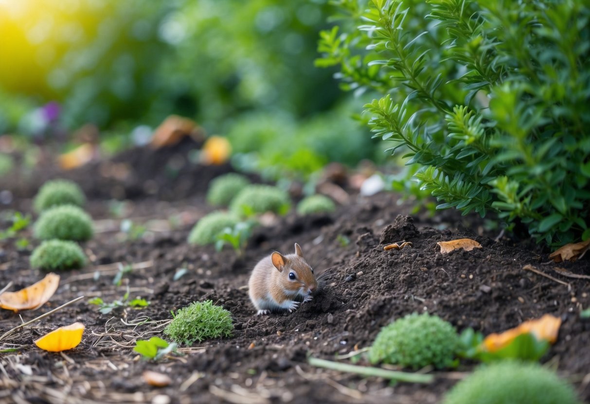 A garden with overturned soil, scattered food scraps, and small burrows under bushes