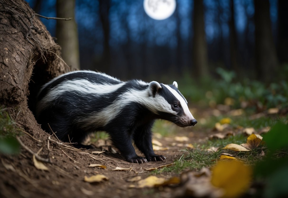 A badger emerges from its burrow, venturing into the moonlit forest, its path marked by the rustling of leaves and the occasional snuffle