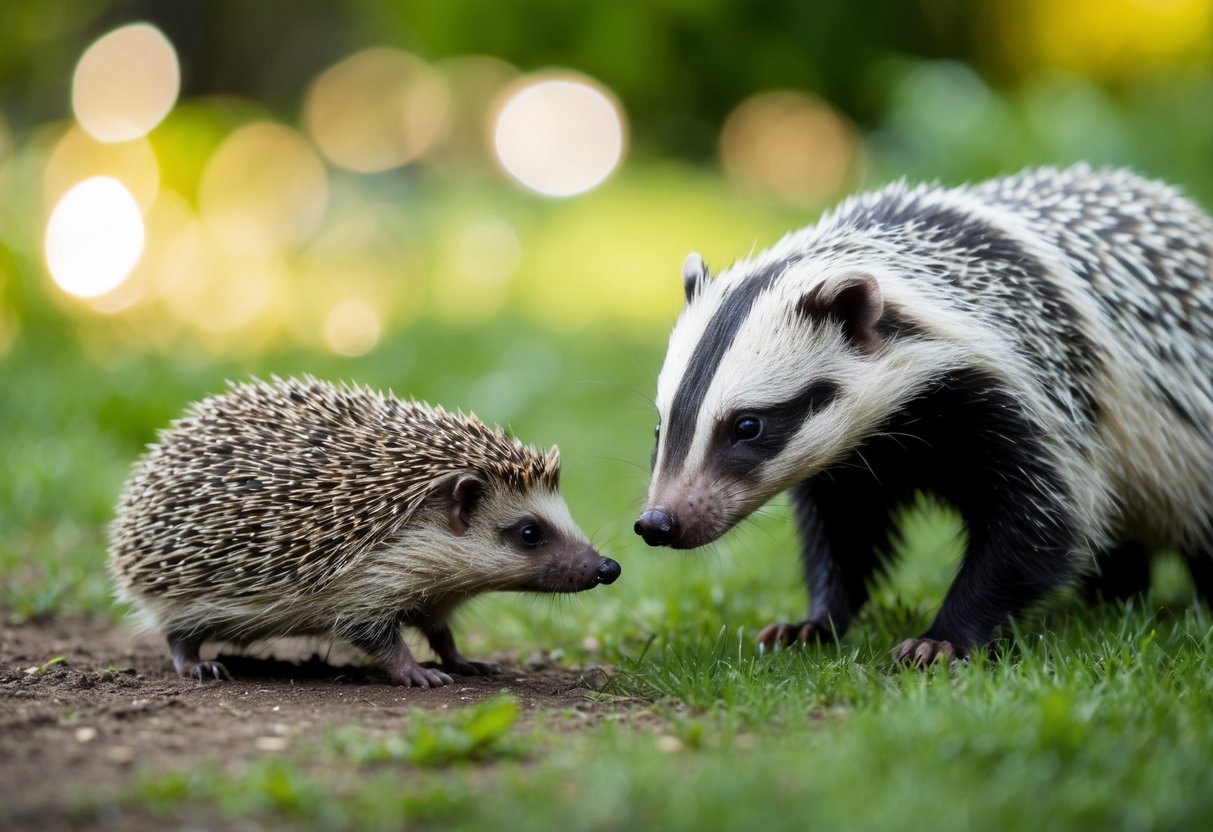 A hedgehog cautiously approaches a garden while a badger lurks nearby, eyeing the hedgehog with curiosity