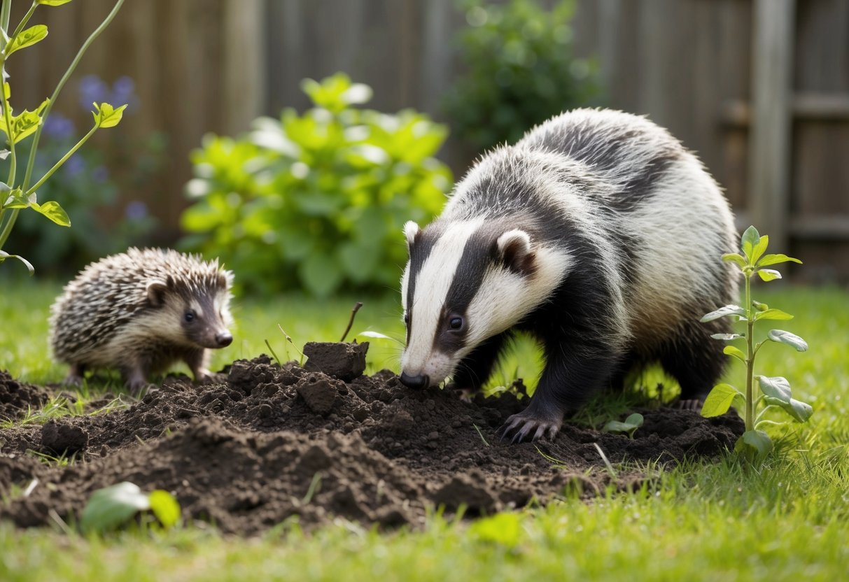 A badger digs in a garden, surrounded by overturned soil and uprooted plants. A hedgehog looks on nervously from a safe distance