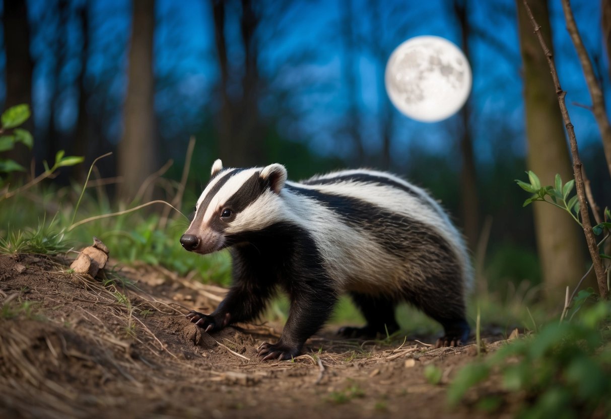 A badger emerges from its burrow, sniffs the air, and sets off into the moonlit forest, foraging for insects, small mammals, and plants