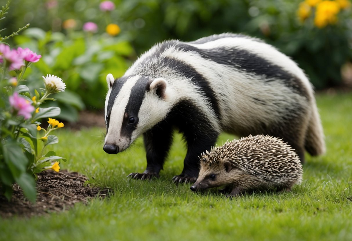 A badger sniffs around a lush garden, while a hedgehog cautiously forages for food among the flowers and shrubs