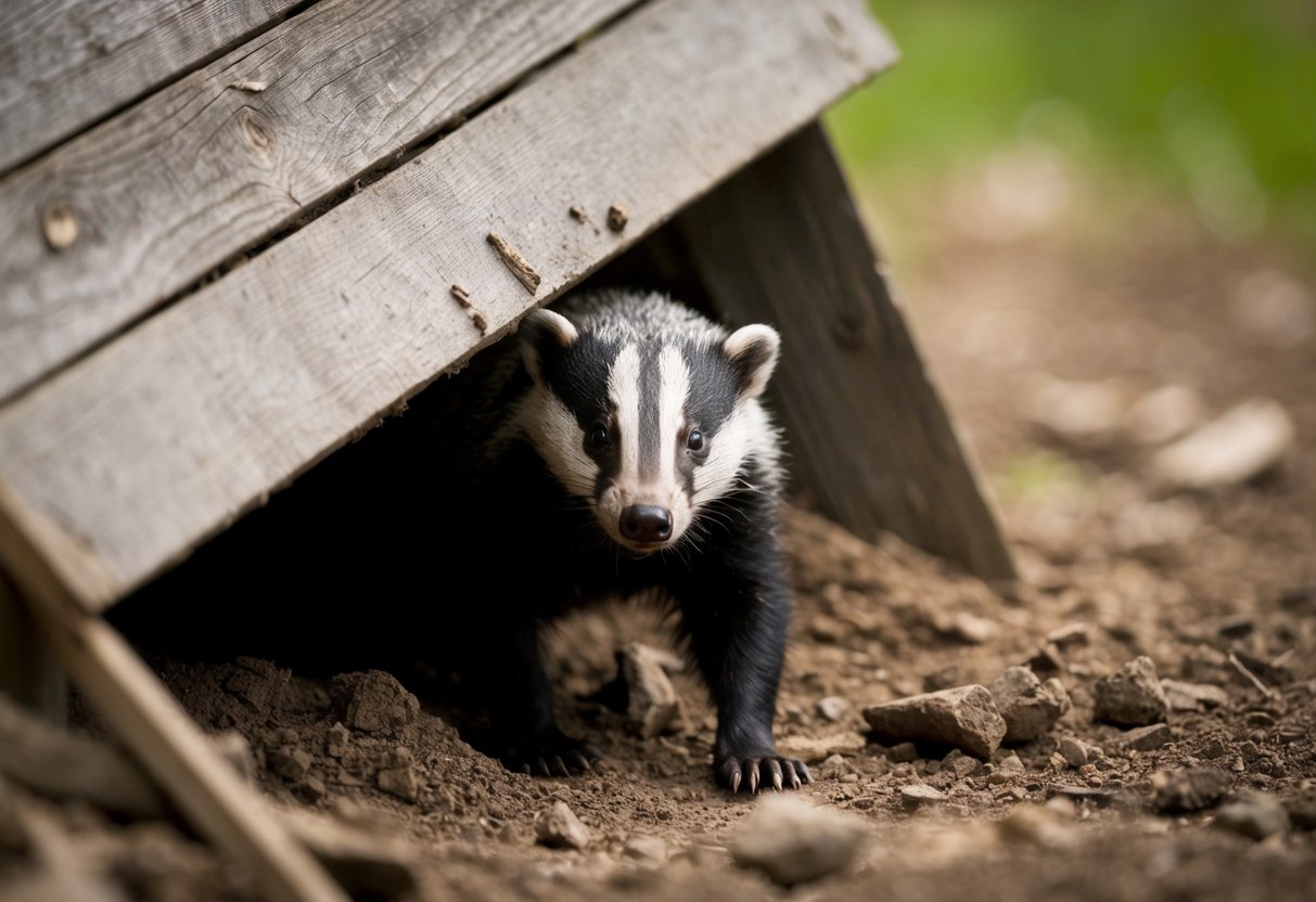 A badger emerges from under a wooden shed, surrounded by overturned dirt and scattered debris