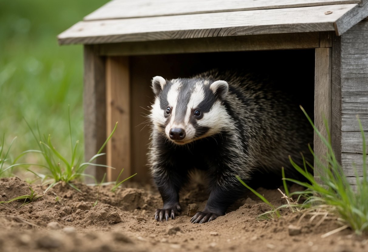 A badger peeking out from under a wooden shed, surrounded by dirt and grass