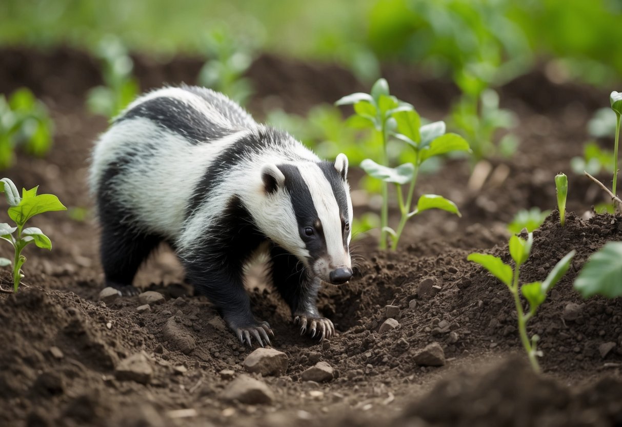 A badger digs deep into the earth, uprooting plants and scattering dirt and debris in its wake