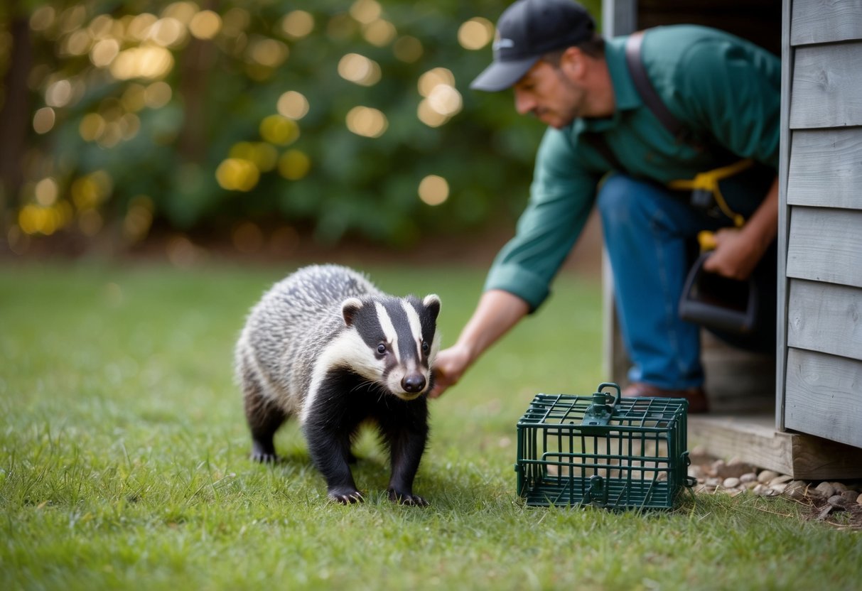 A badger exits from under a shed, while a person sets up a humane trap nearby