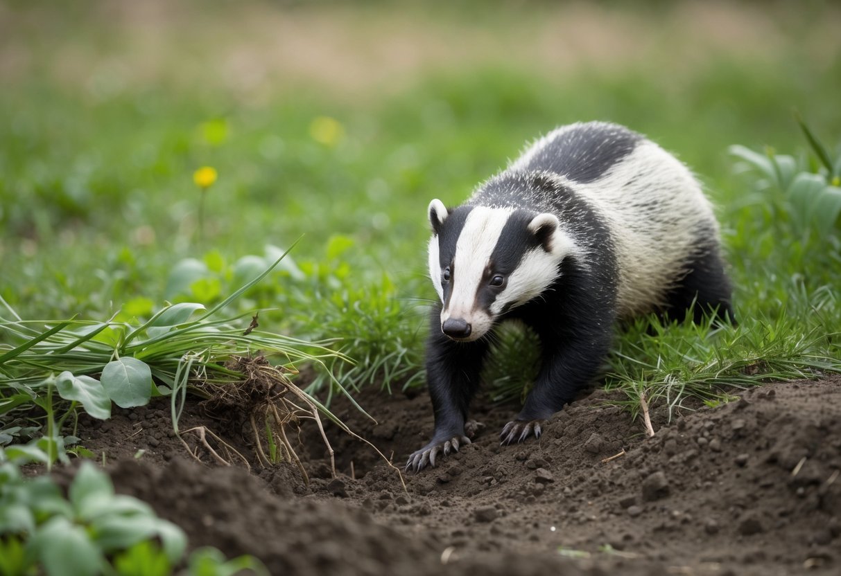 A badger digs into the earth, uprooting plants and creating a burrow. Nearby, a patch of torn-up grass shows signs of recent foraging