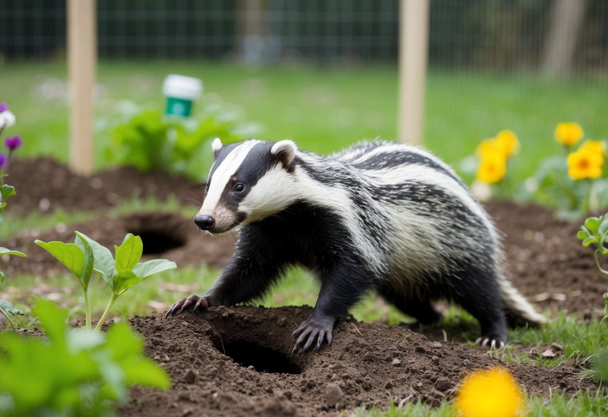 A badger digs up a garden, damaging plants and creating holes. A fence and deterrents keep it away