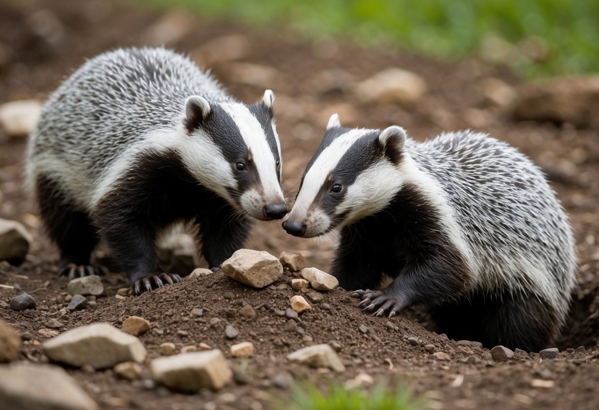 A badger hole being filled with rocks and soil to deter the badger from returning