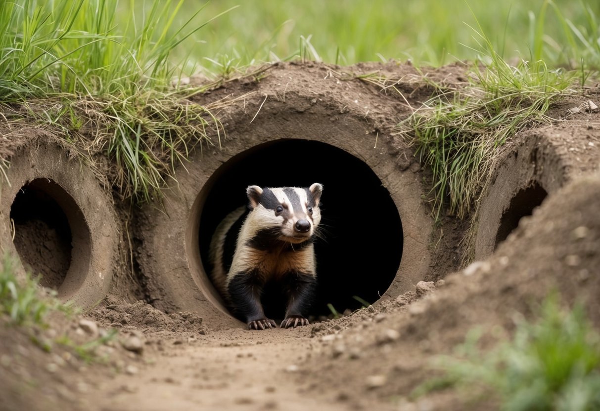 A badger burrow with intricate tunnels and chambers, surrounded by grass and dirt. A badger peers out from the entrance, surveying its surroundings