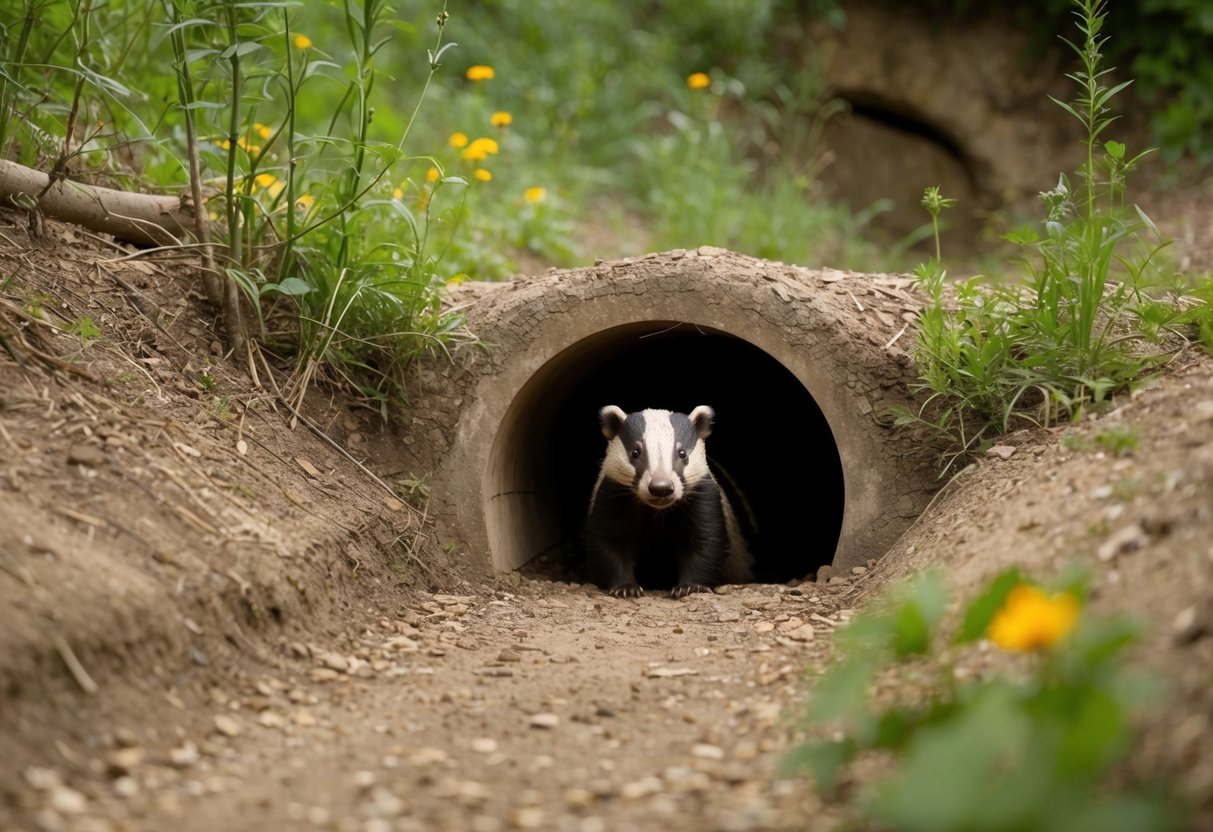 A badger burrow entrance with surrounding vegetation and underground tunnels