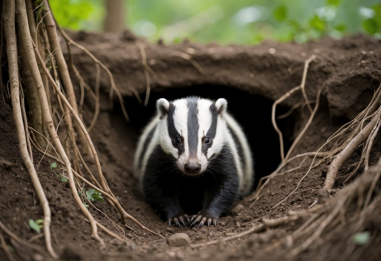 A badger burrows deep into the earth, surrounded by dirt and roots, searching for prey