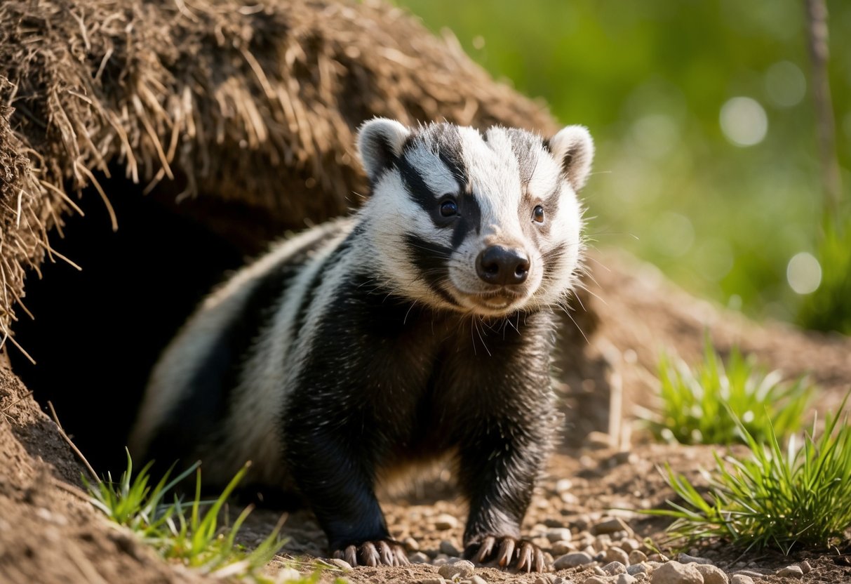 A badger emerges from a burrow, its thick fur glistening in the sunlight as it sniffs the air with a curious expression