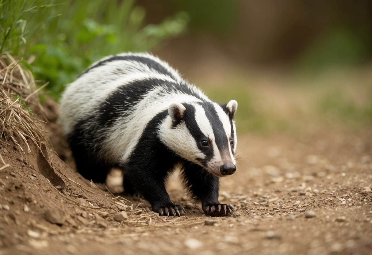 A badger cautiously emerges from its burrow, sniffing the air and scanning its surroundings for potential threats