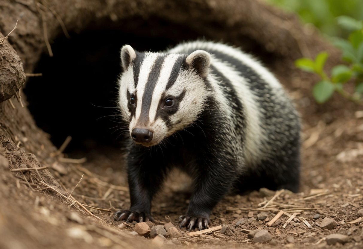 A badger emerges from its burrow, snout twitching, eyes alert