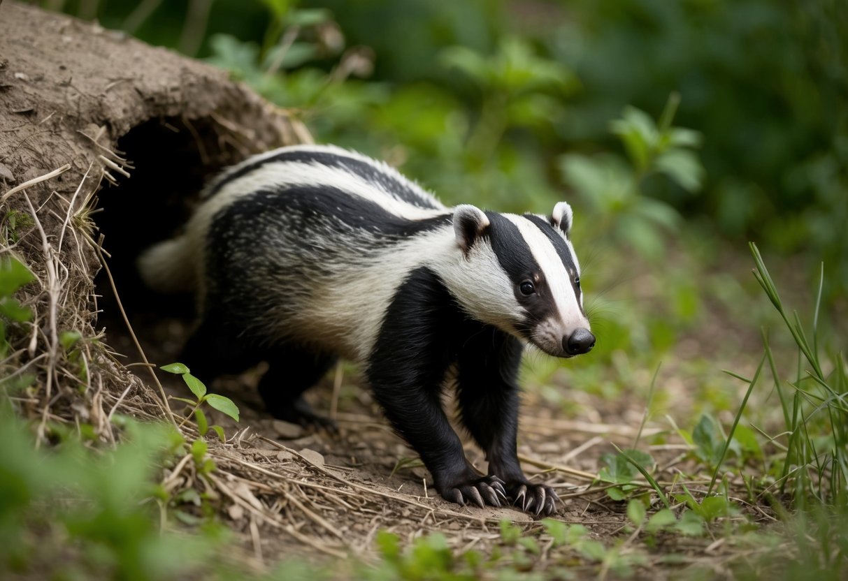 A badger emerges from a burrow, sniffing the air with its black and white striped face, while its powerful body moves gracefully through the underbrush