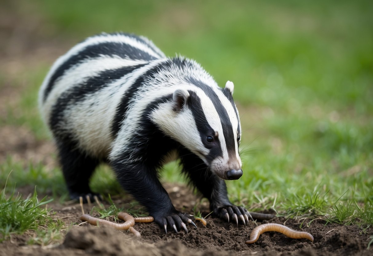 A badger sniffs the air, drawn to the scent of earthworms and grubs. Its sharp claws dig into the soft soil as it searches for its next meal