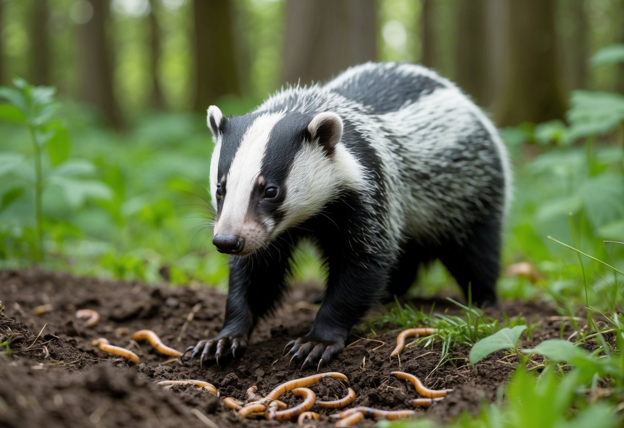 A badger foraging for food in a forest, attracted to earthworms and insects in the soil