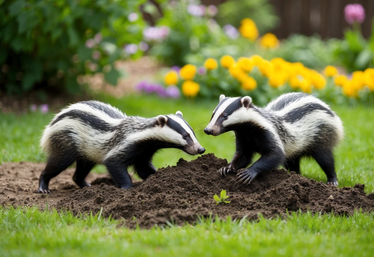 A family of badgers digging up a garden, causing chaos for the frustrated homeowner