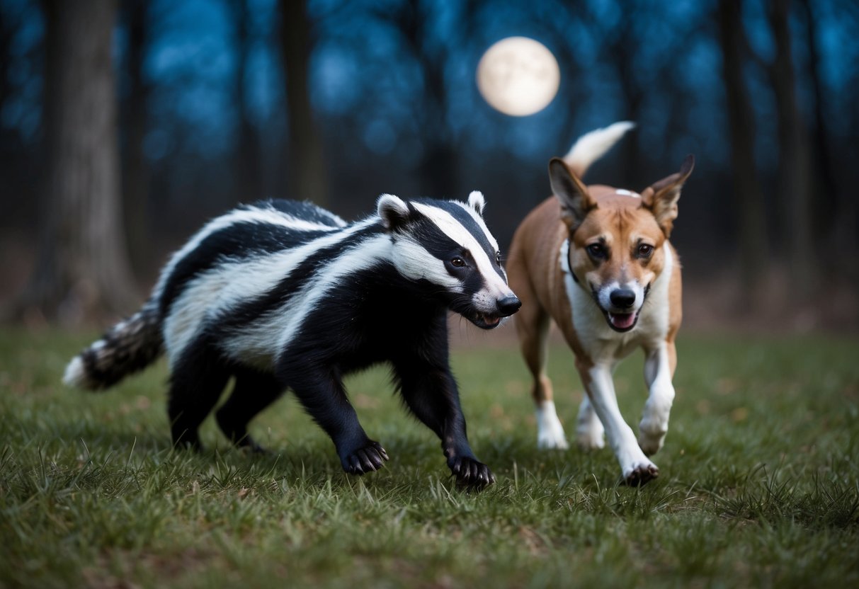 A badger chases a dog through a moonlit forest
