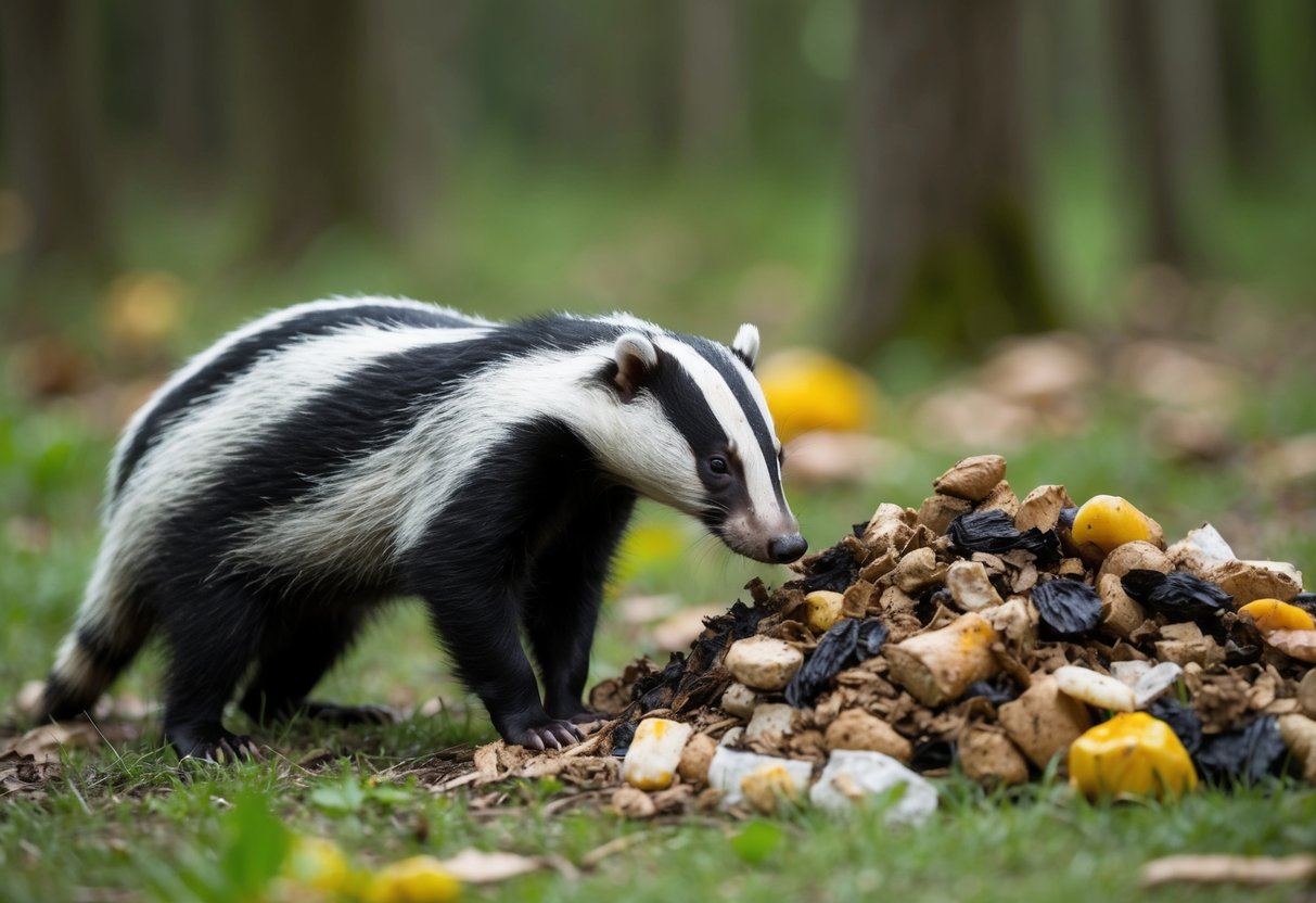 A badger sniffs around a forest floor, attracted to a pile of discarded food waste left by humans