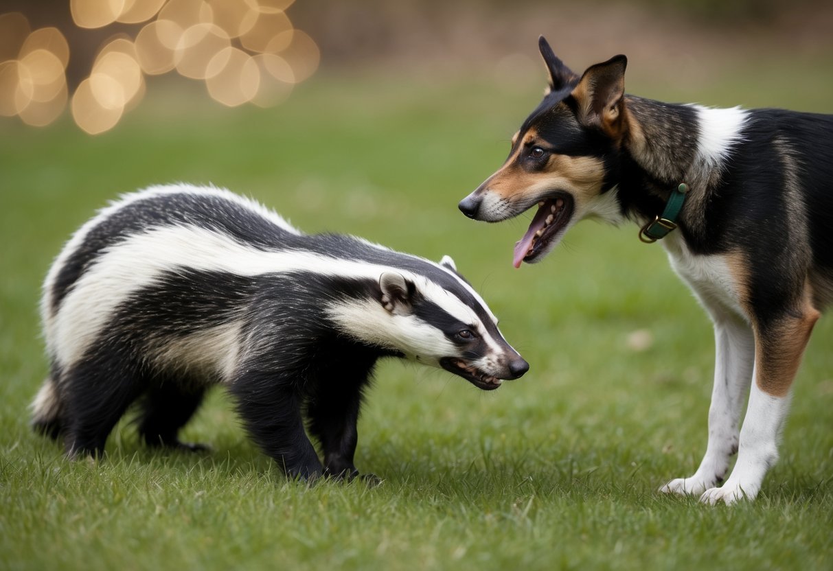 A badger cautiously approaches a barking dog, while the dog stands defensively, ready to pounce