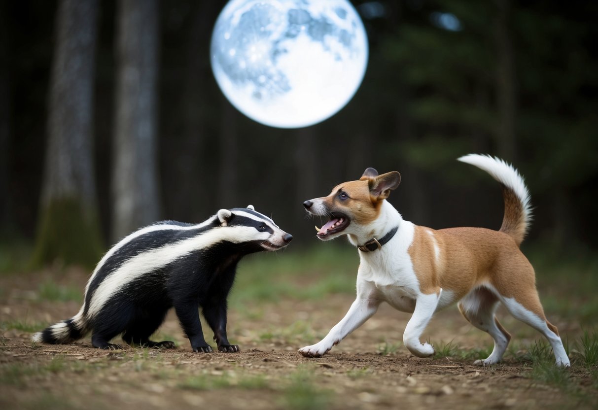 A badger cautiously approaches a barking dog in a moonlit forest clearing