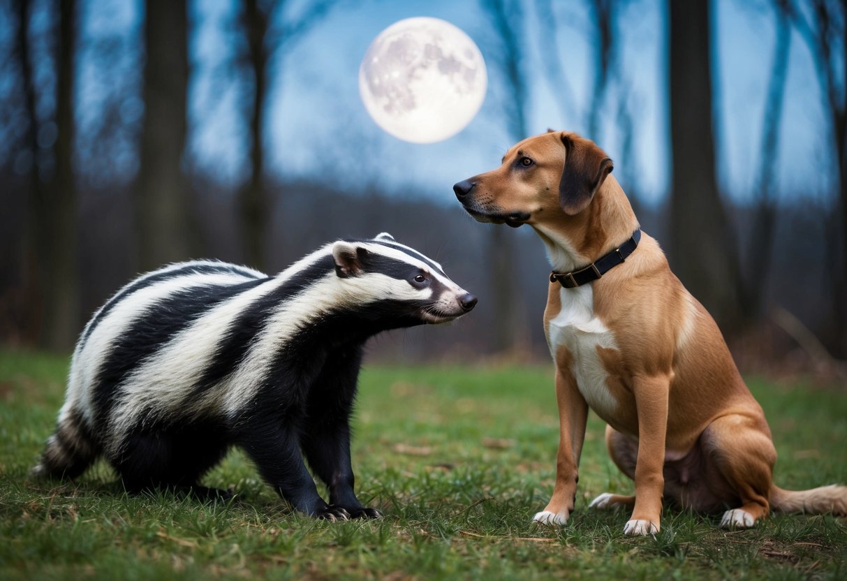 A badger and a dog face off in a moonlit forest clearing, both creatures poised for confrontation