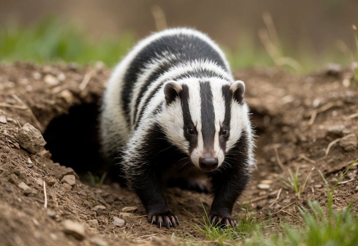 A badger emerges from a burrow, its fur bristling as it sniffs the air, alert and ready to defend its territory