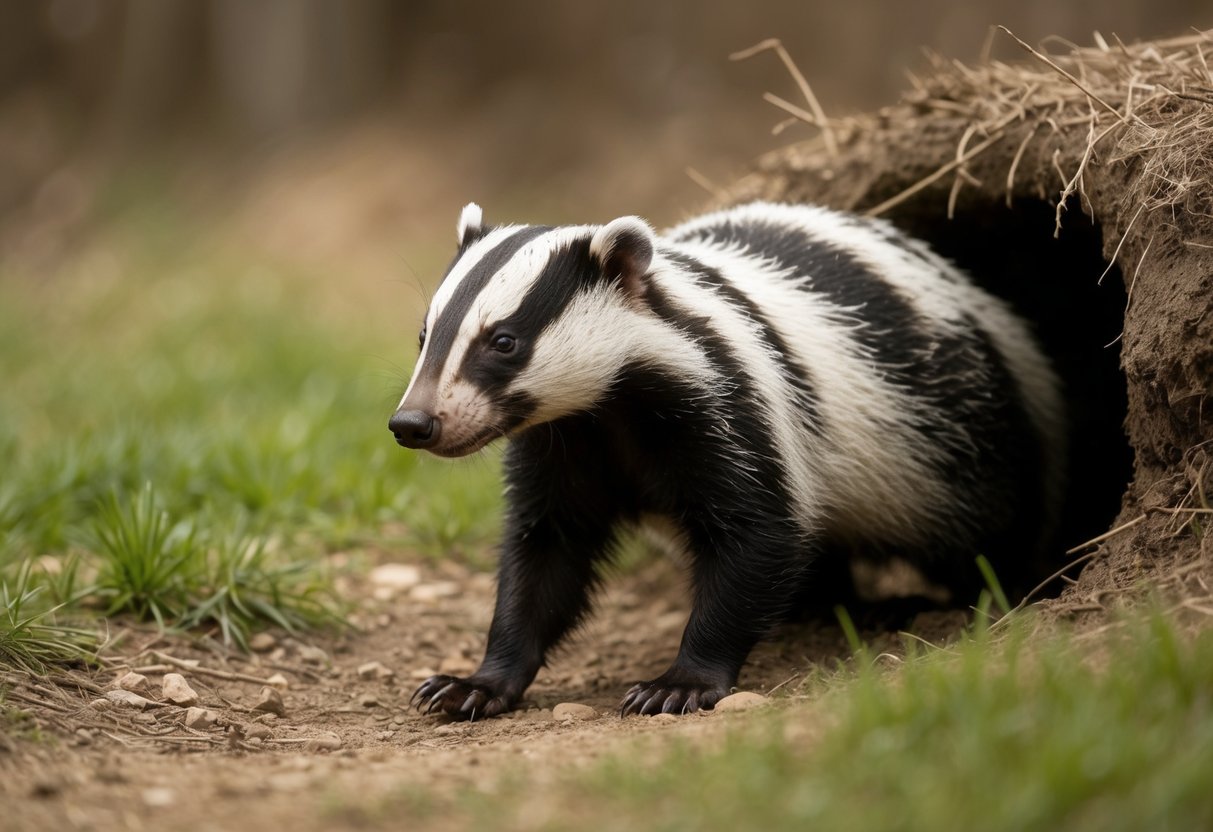 A badger emerges from its burrow, sniffing the air and scanning the surroundings before cautiously venturing out to forage for food