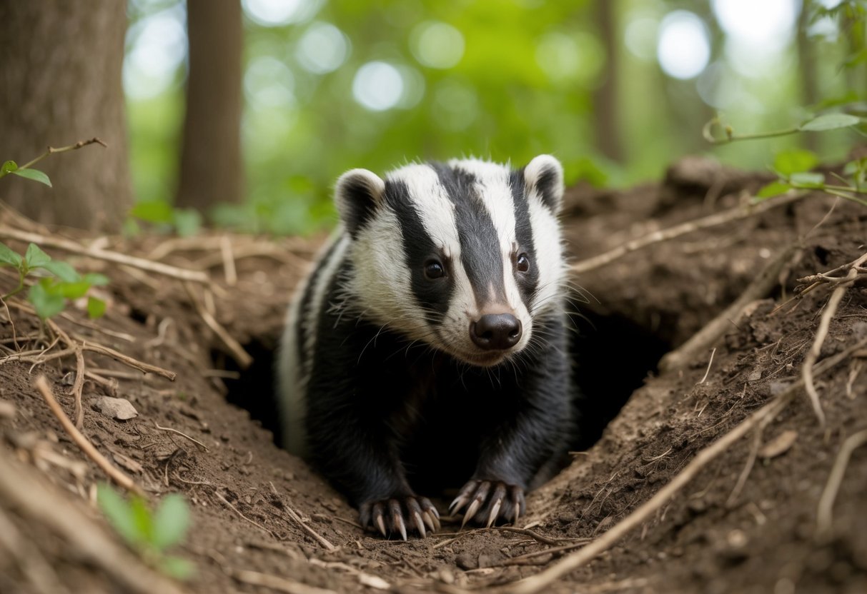 A badger emerges from a burrow in a wooded area, its black and white striped face peering out curiously