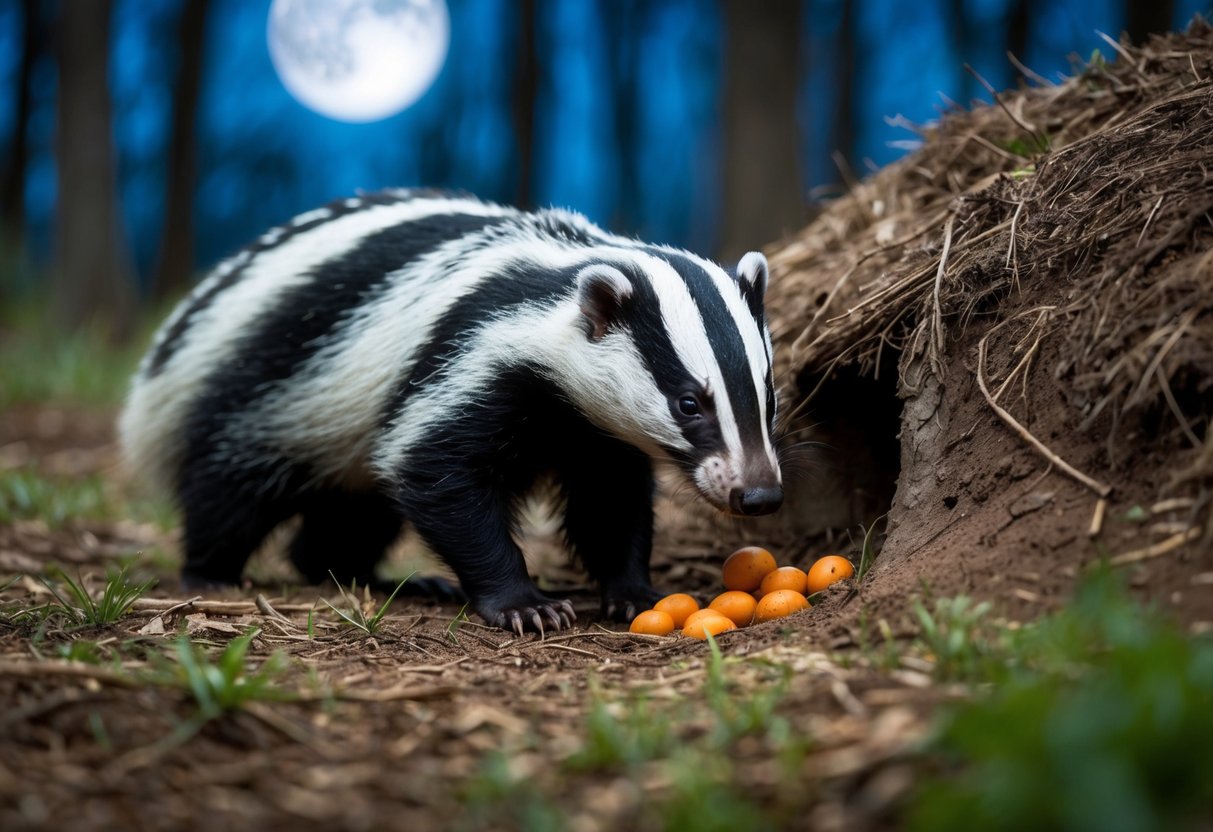 A badger emerges from its burrow, foraging for food in the moonlit forest