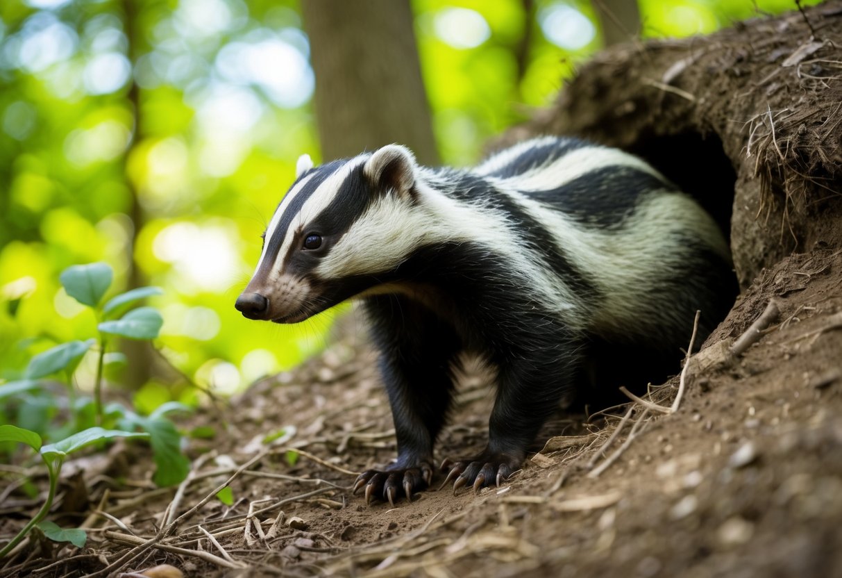 A badger emerges from a burrow, sniffing the air with curiosity. The setting is a lush forest with dappled sunlight filtering through the trees